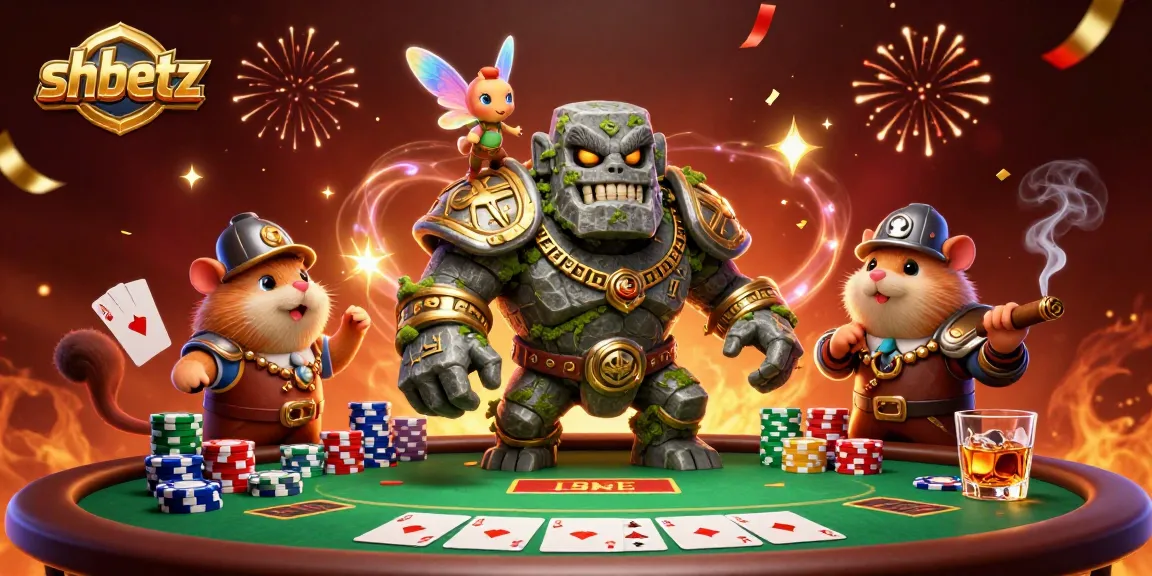 Engage with shbetz as ancient guardians guard a lively poker scene, showcasing dynamic gaming excitement.