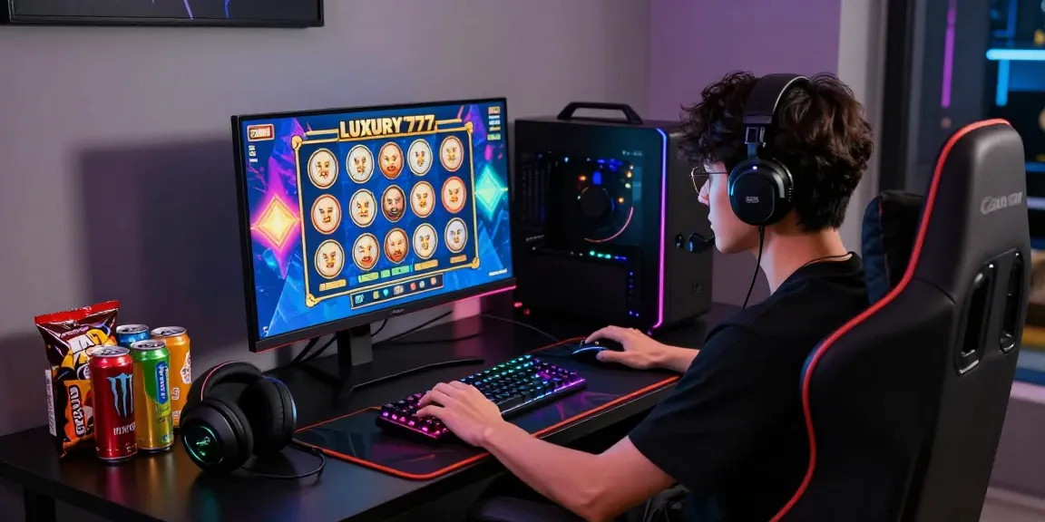 Suasana permainan LUXURY777 dengan gamer fokus, monitor penuh warna, dan aksesori gaming modern.