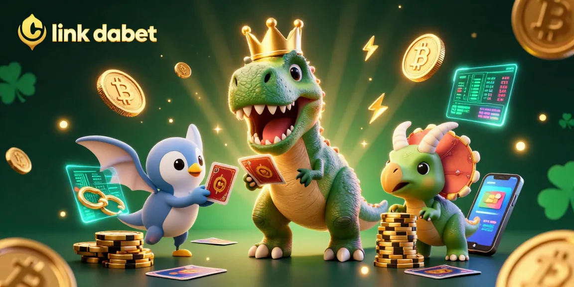 Engage in crypto gaming with link dabet featuring a charming T-Rex and vibrant blockchain elements.