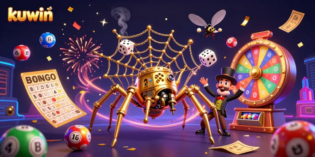 Engage with kuwin's thrilling online gaming as a golden spider weaves winnings in a vibrant, dynamic scene.