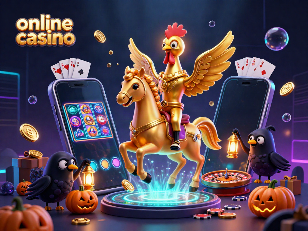 Experience thrilling vibes of an online casino with a golden rooster riding a spectral horse, surrounded by explosive game elements.
