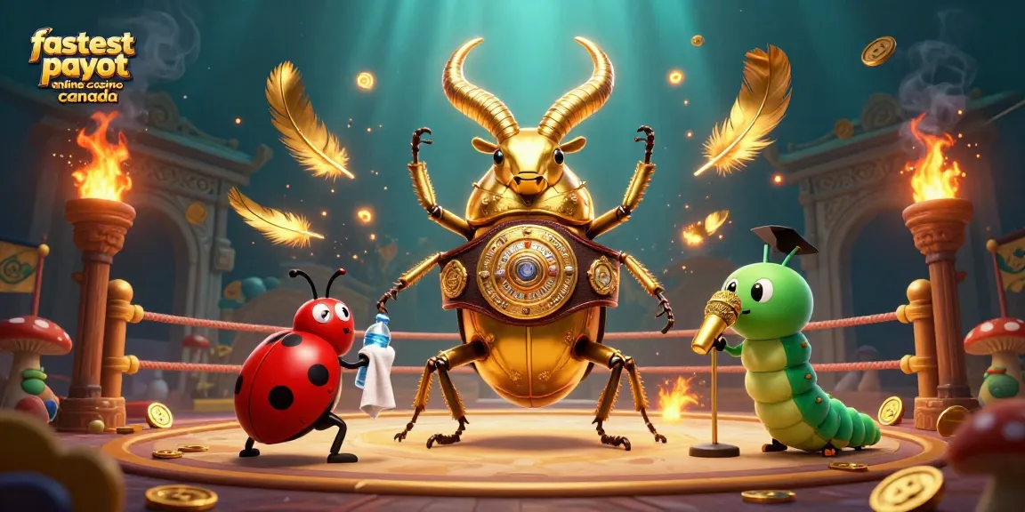 The scene showcases the fastest payout online casino Canada with a golden stag beetle boxing scene, highlighting gaming excitement.