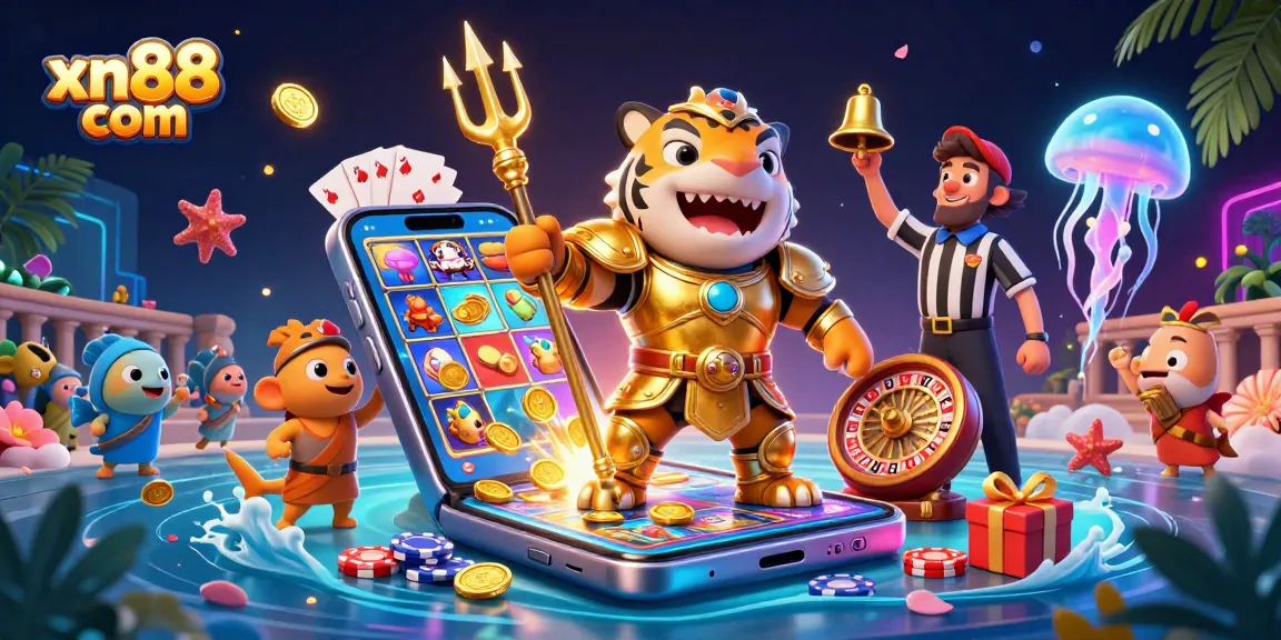 Engage in thrilling gameplay with xn88 com featuring a dynamic underwater scene of a tiger shark and casino elements.
