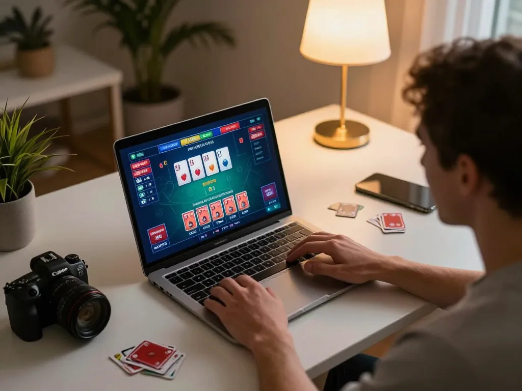 MM88 players enjoying a live dealer blackjack game on a laptop in a cozy home setting
