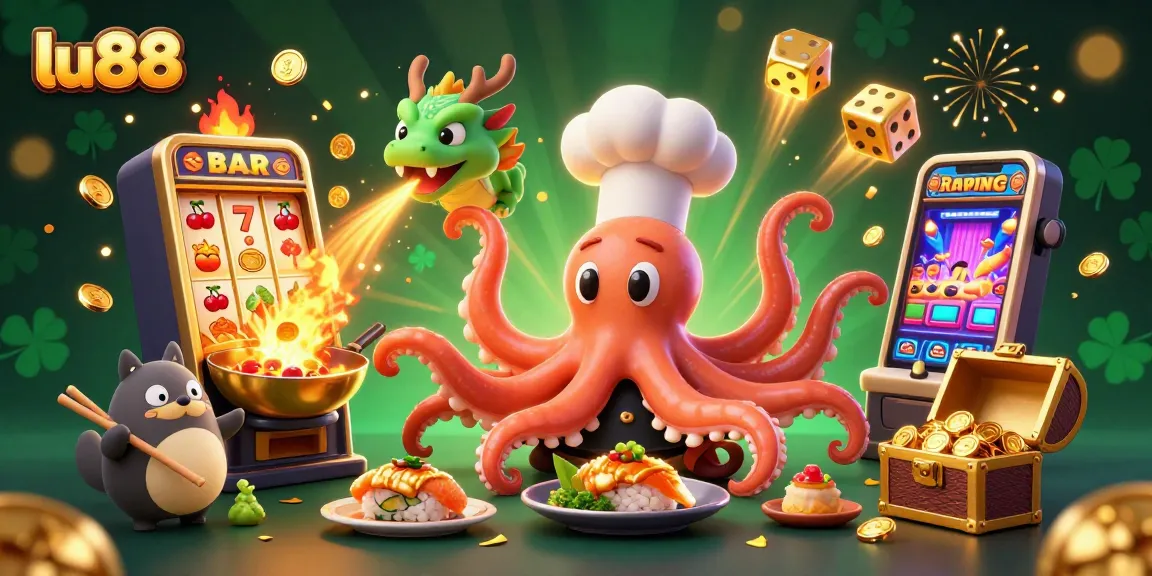 Experience thrilling gameplay at lu88 with a 3D sushi chef octopus and dynamic casino elements.
