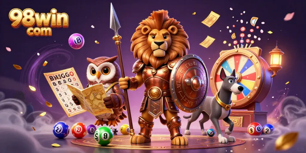 Engage with 98win com in an exciting 3D scene of a Spartan lion, owl, and greyhound amidst vibrant lottery elements.