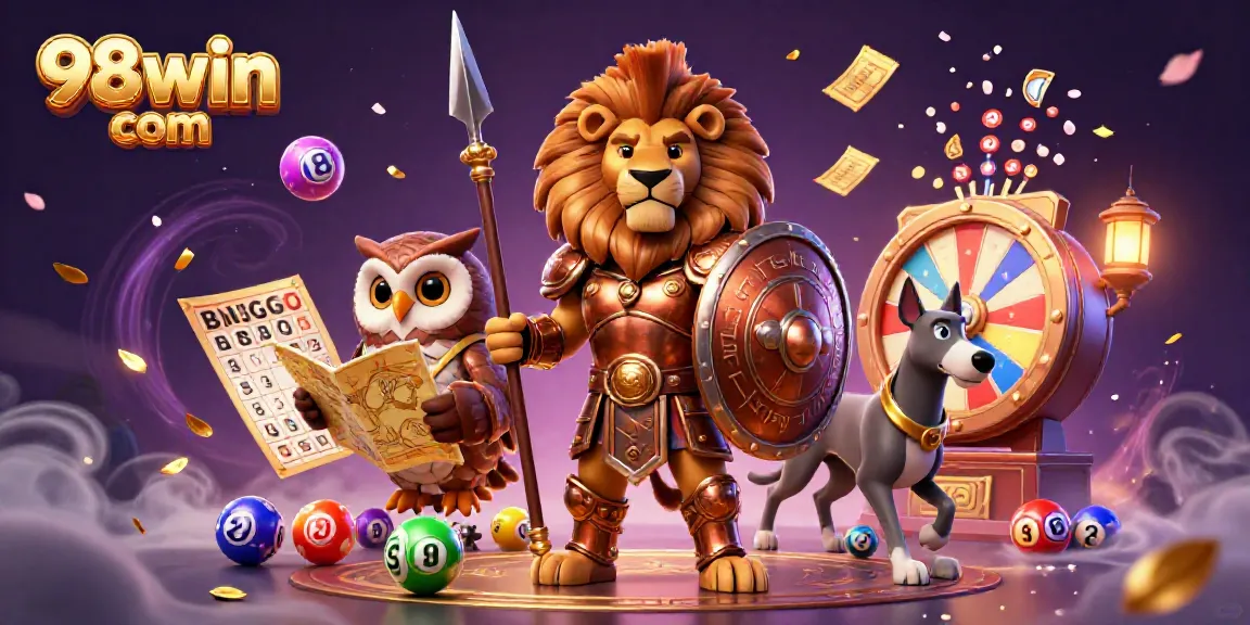 Engage with 98win com in an exciting 3D scene of a Spartan lion, owl, and greyhound amidst vibrant lottery elements.