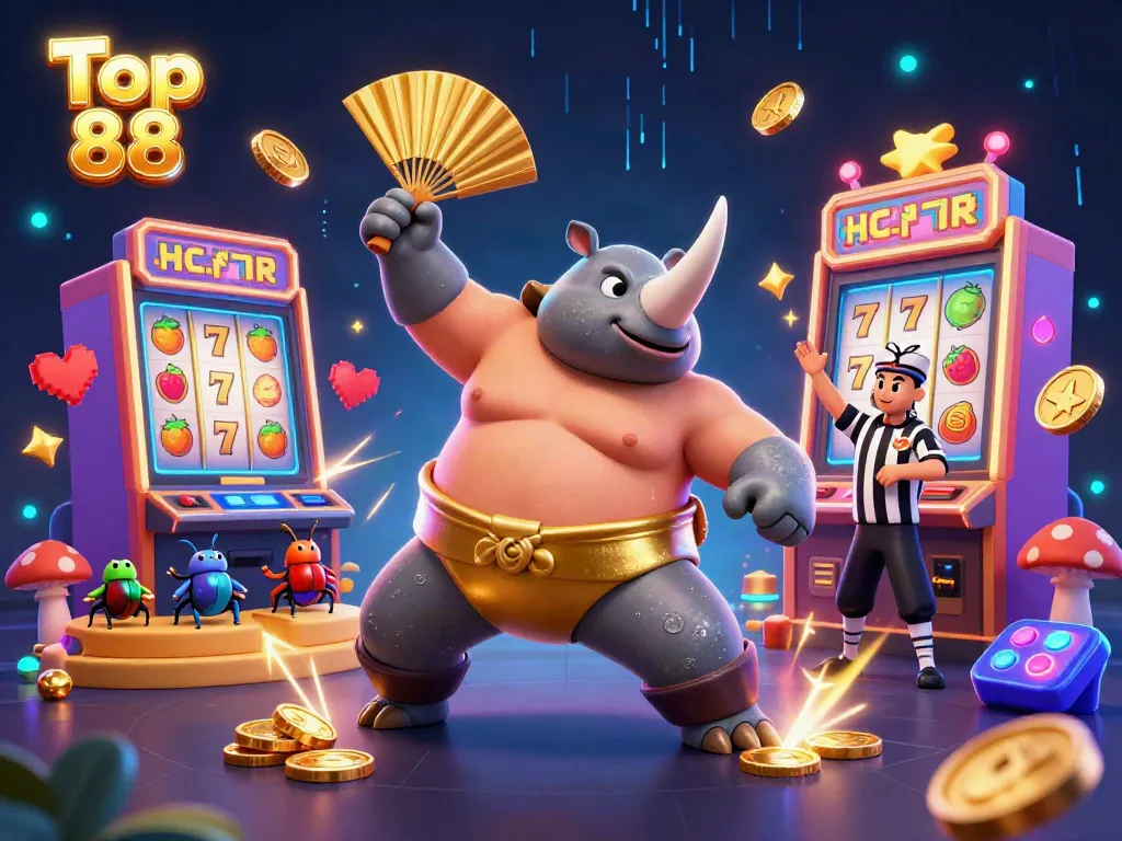 Experience the thrill of Top 88 with a dynamic scene of our sumo beetle champion amidst glowing slot machines and flying coins.