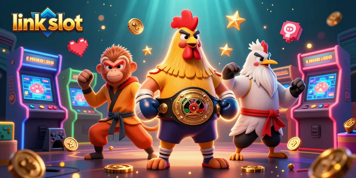 Temukan link slot yang menarik dengan ilustrasi karakter bertarung di arena kasino online.