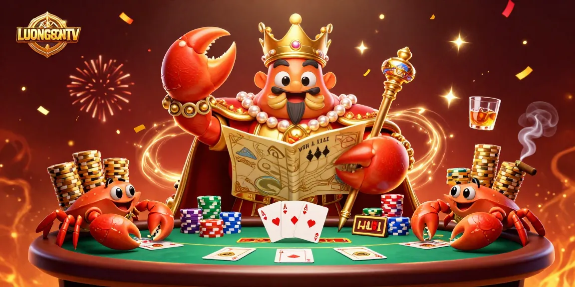 Experience vibrant gameplay at LUONGSONTV with a golden crab emperor amidst poker elements.
