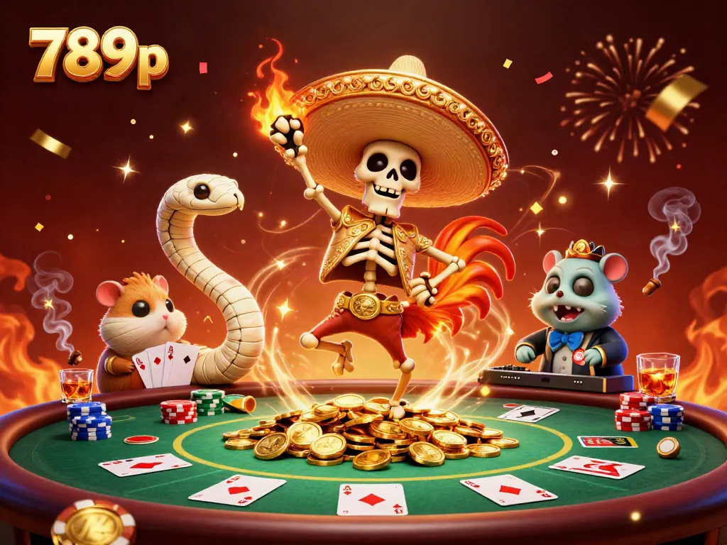 Experience the vibrant 789p victory dance with a mariachi rooster in a dynamic casino scene.