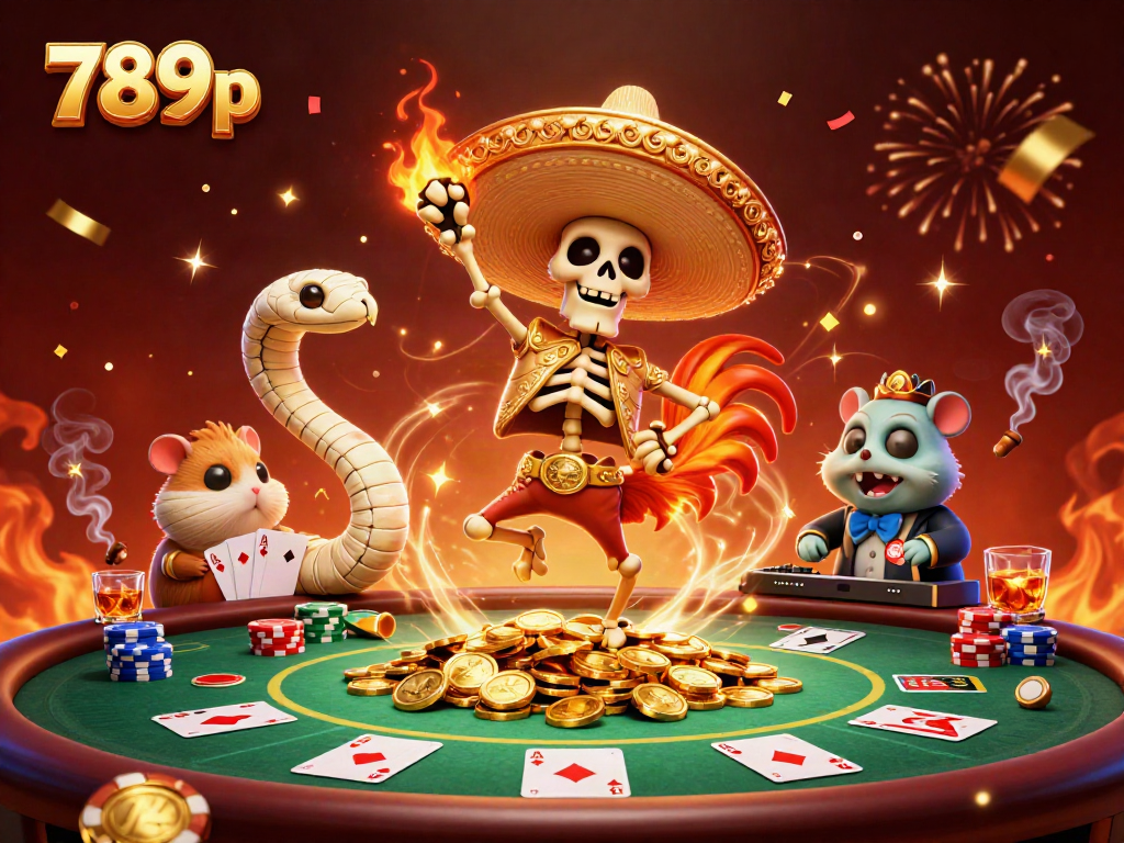 Experience the vibrant 789p victory dance with a mariachi rooster in a dynamic casino scene.