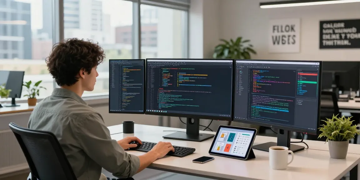 Focused developer at work in a modern coding workspace, telegraimin.com technology scene.
