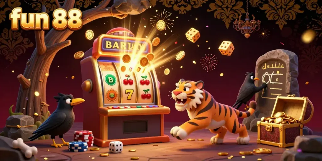 Engage with fun 88 at a vibrant prehistoric casino, featuring playful characters and thrilling game elements.