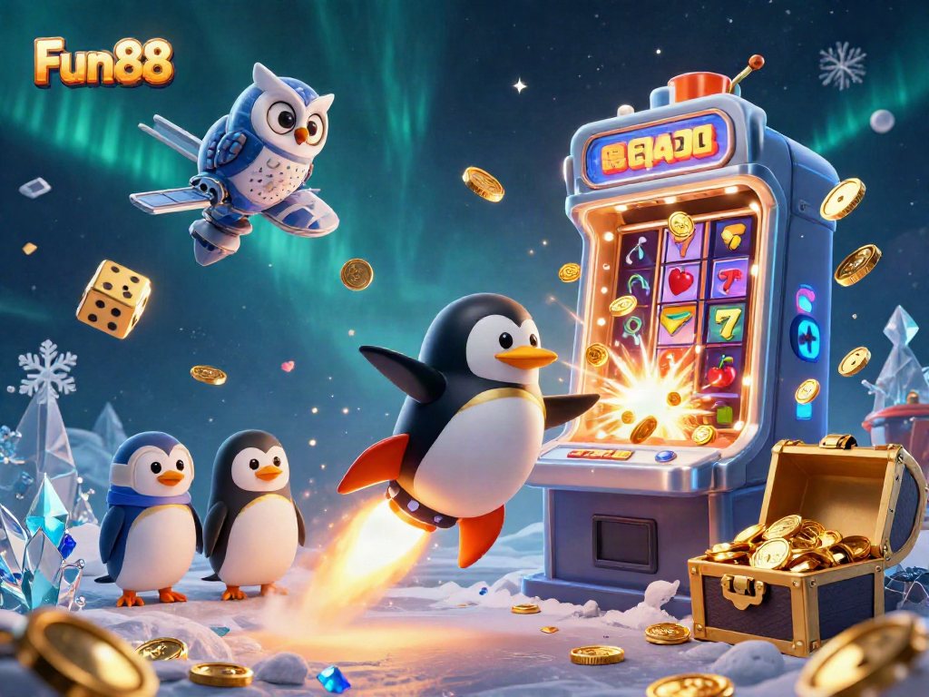 Fun 88 scene with a rocket-powered penguin flying towards a casino-themed poker chip, surrounded by gold coins.