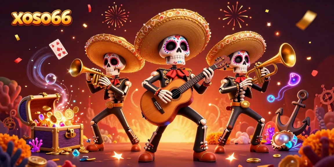 Engage with xoso66's vibrant skeleton mariachi band illustrating a lively casino gaming scene.