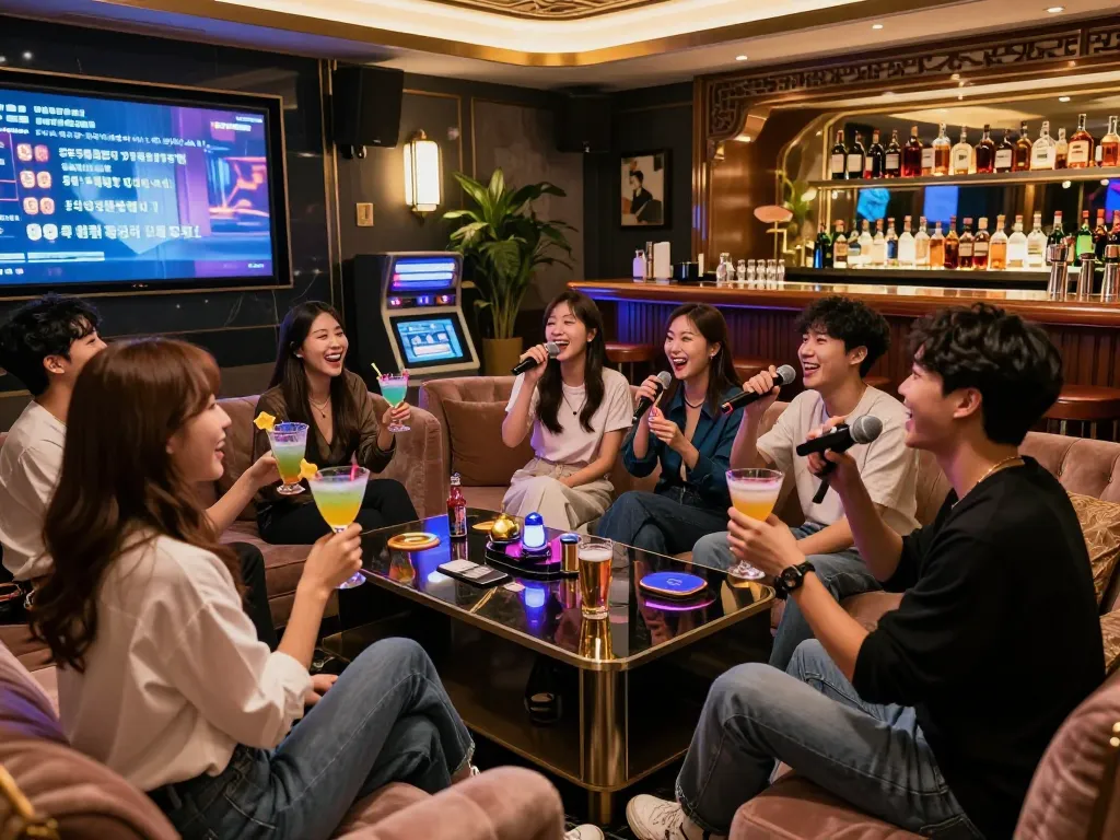 화려한 조명과 럭셔리한 장식이 있는 세련된 노래방에서 친구들과 함께 즐거운 저녁 시간을 보내고 있습니다.