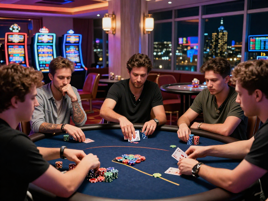 Giocatori impegnati in un'emozionante partita di poker in un moderno casinò non AAMS.