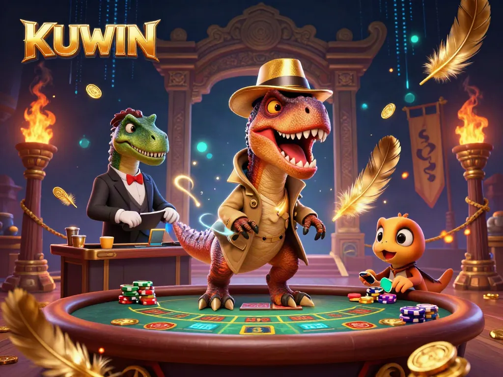 KUWIN's animated velociraptor card counter faces the stegosaurus pit boss at a vibrant blackjack table filled with gold coins.