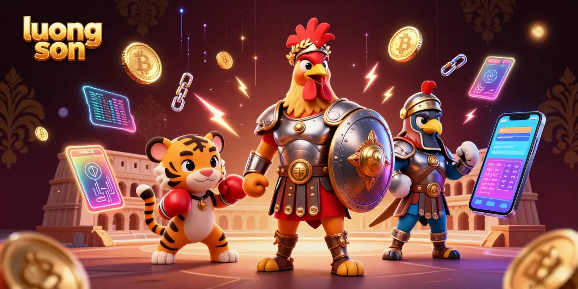 Engage with luong son at the thrilling colosseum arena featuring a gladiator rooster and crypto elements.