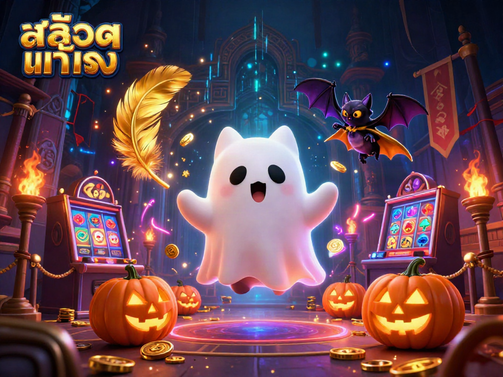 Engage with สล็อตแท้ตรง as ghost cat and bat explore a haunted casino world with glowing pumpkin faces.