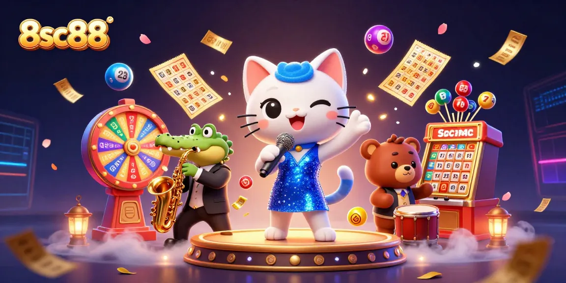 Join the excitement at 8sc88 with a vibrant casino illustration showcasing a jazzy performance.