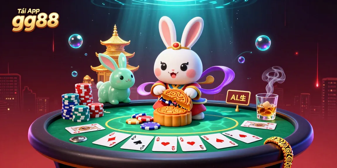 Engage with the lively scene featuring Tải App gg88, where the moon rabbit reveals poker chips and exciting gameplay elements.