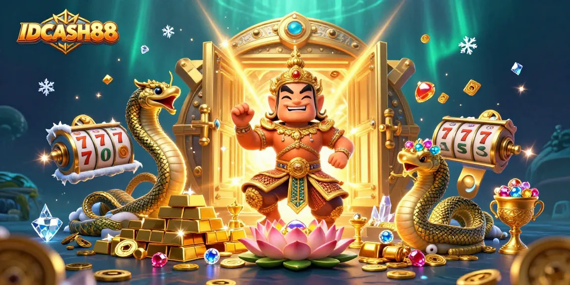 Engage with IDCASH88's casino excitement through vibrant 3D illustration of treasures and games.