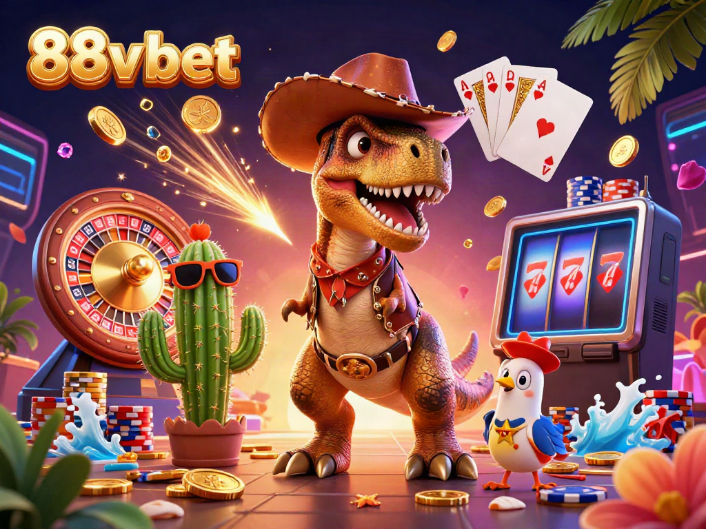 Experience the excitement with 88v bet at this vibrant online casino scene, featuring a 3D T-Rex and dynamic game elements.