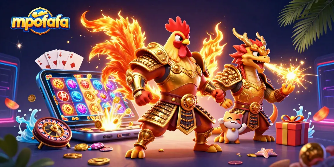 Join the energetic action on mpofafa's games, featuring a rooster warrior and dragon hatchling in a vibrant casino scene.
