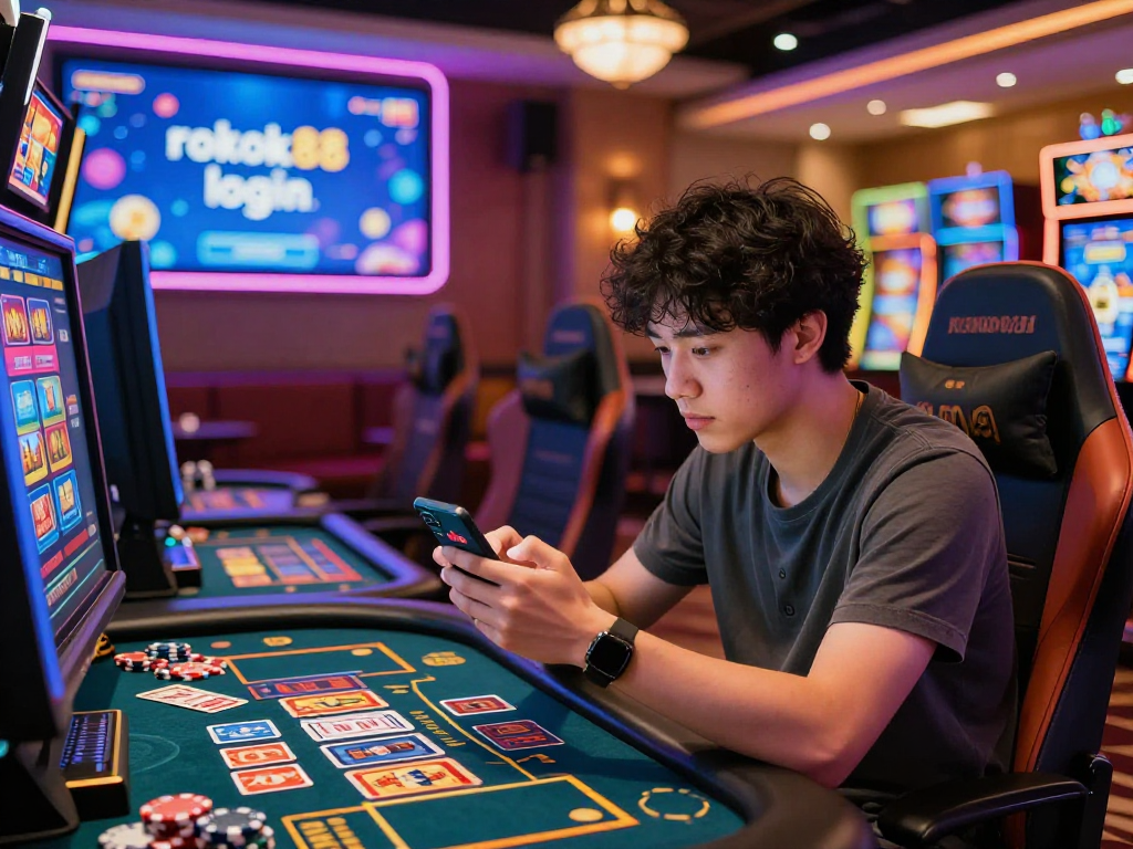 Engage with rokok88 login in a lively online casino atmosphere featuring players with vibrant gaming elements.