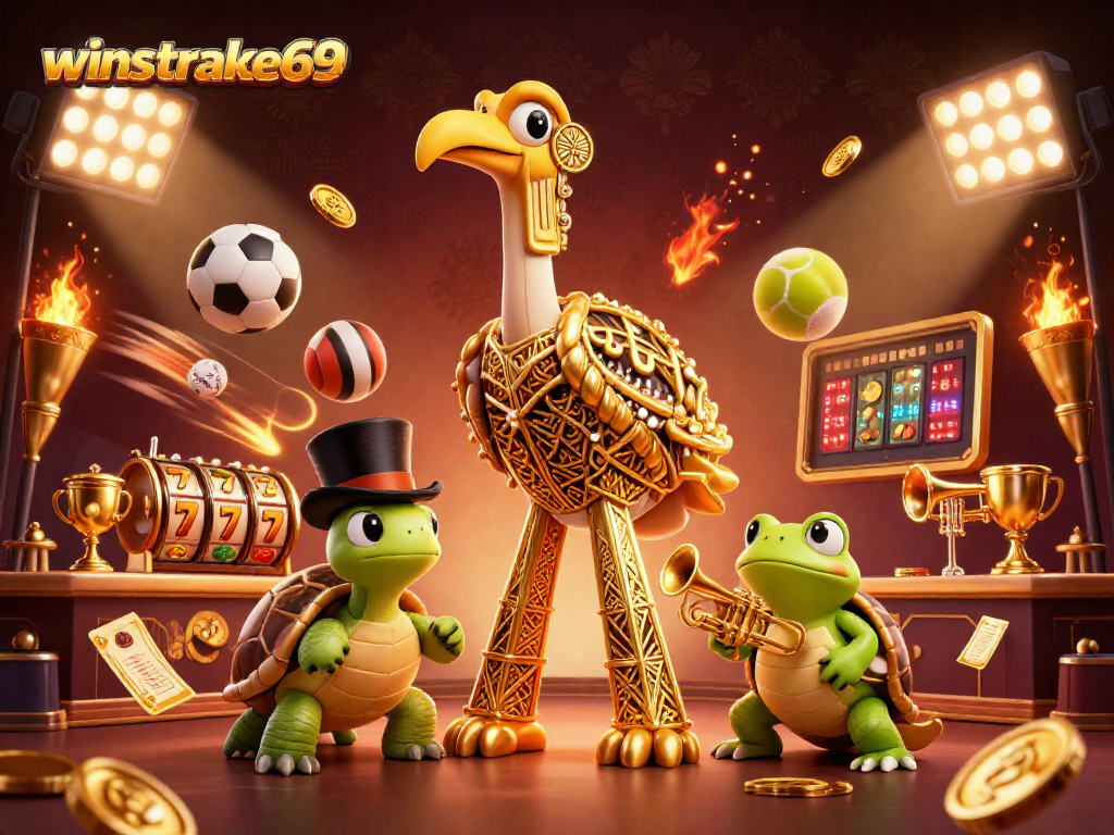 Winstrike69 celebrates a vibrant casino scene with dynamic characters and thrilling games.