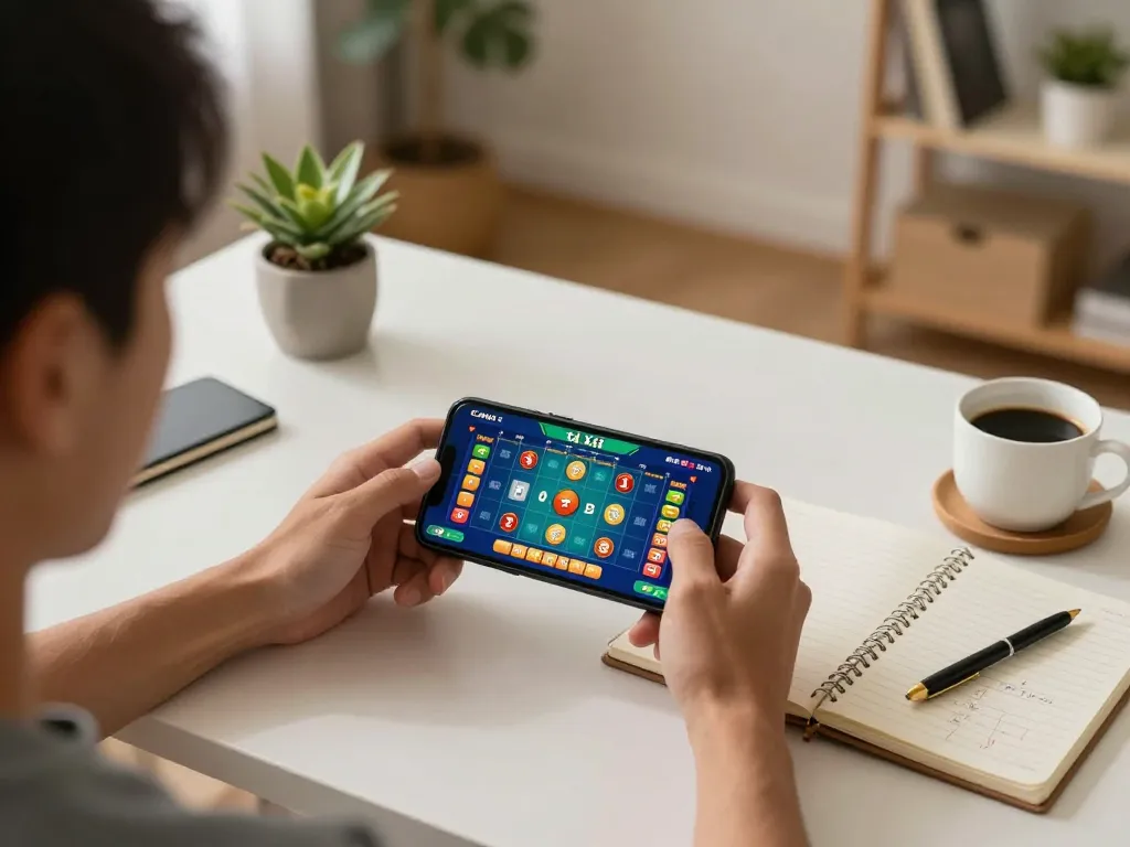 TaiXiuOnlineGo user engaging in Tài Xỉu game on mobile in a cozy home setup, showcasing strategic gaming.