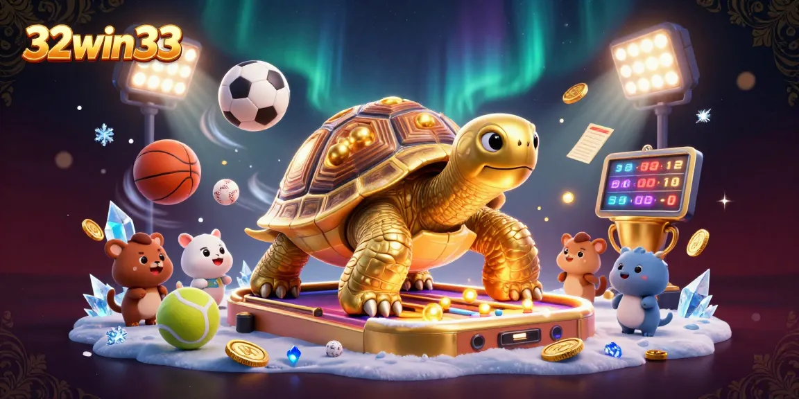 Exciting play with 32win33 in a packed casino scene featuring a golden tortoise and lively sports balls.