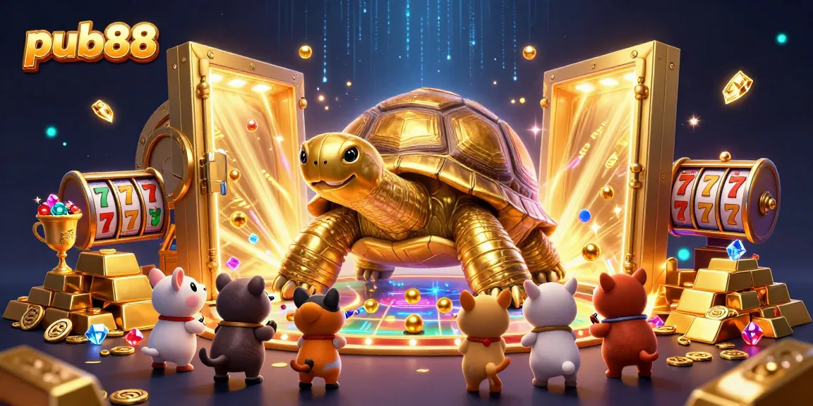 Experience winning with pub88 in a vibrant casino scene featuring a colossal golden tortoise.