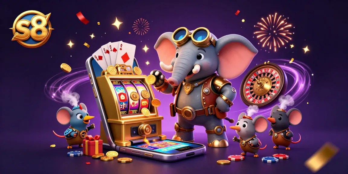 Experience exciting gameplay at s8 with a steampunk elephant winning big on a slot machine.