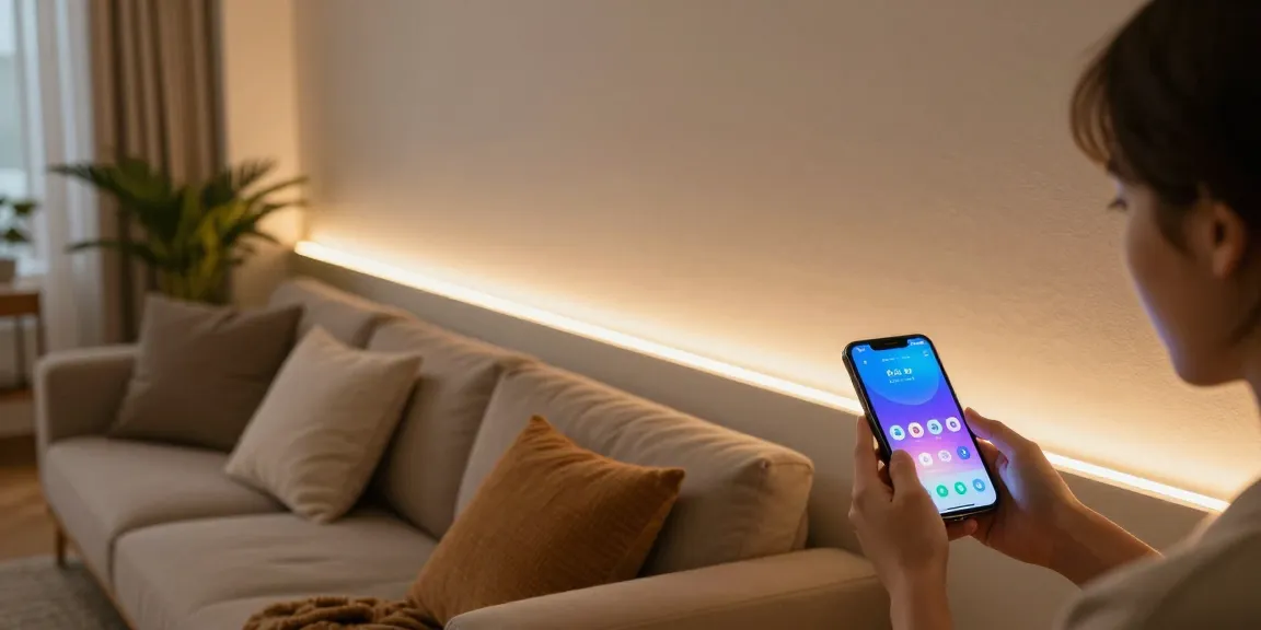 Iluminat modern cu benzi LED în living, persoană ajustând luminozitatea.
