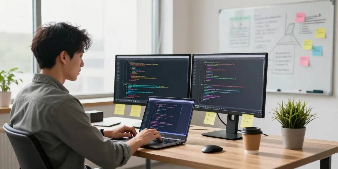 快连 tech workspace with developer coding on a laptop, vibrant monitors, and inspiring office elements.