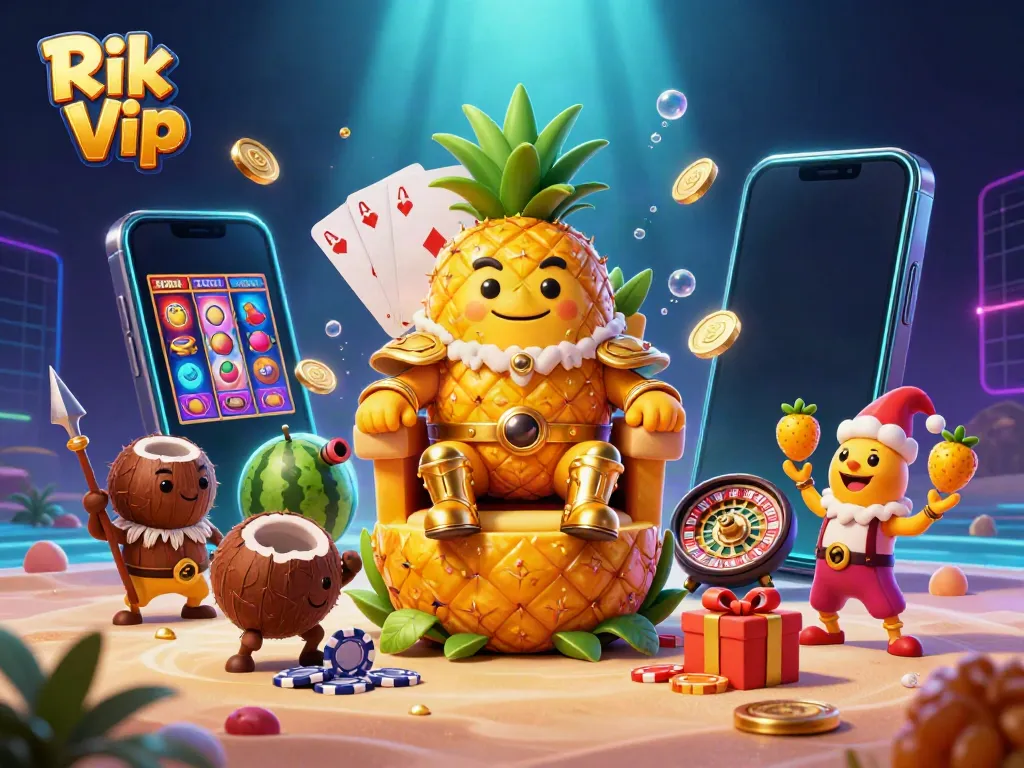 Experience fun gaming with Rik Vip, featuring a pineapple king and a vibrant casino scene.