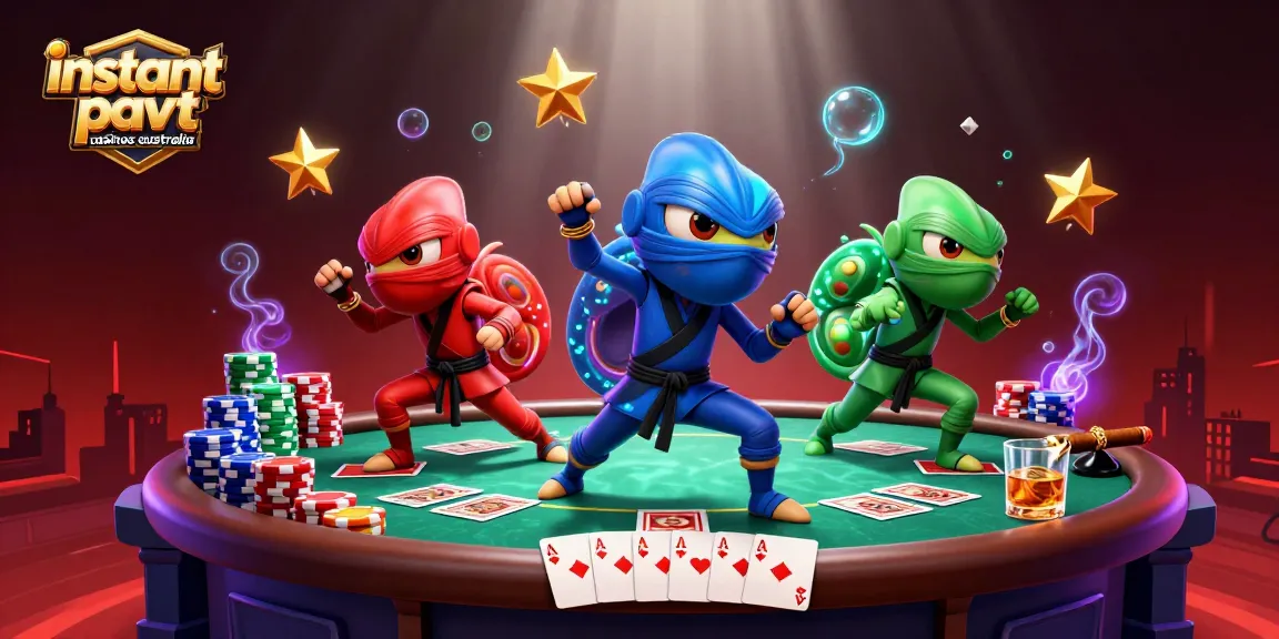 Players engage in thrilling action at instant payout casinos Australia with ninja chameleons at a poker table.