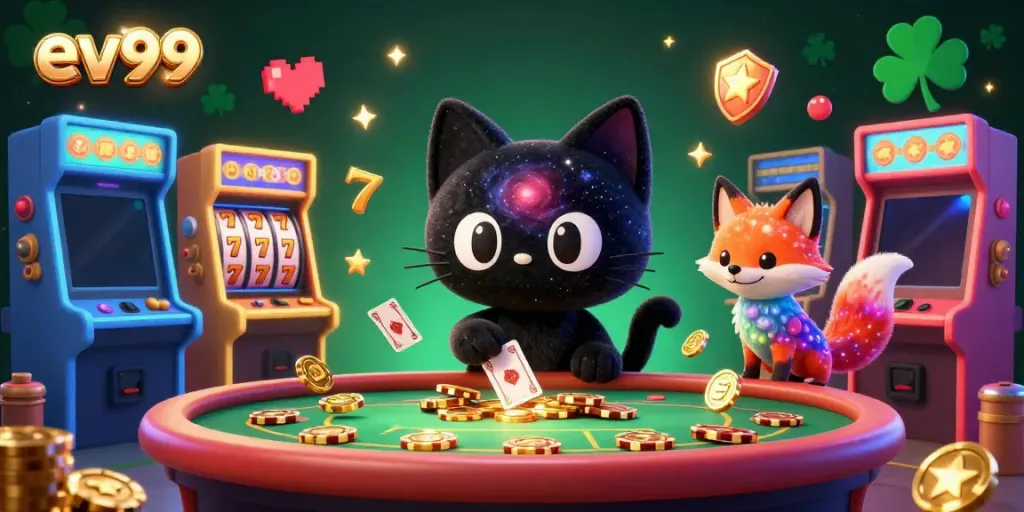 Experience thrilling gameplay at ev99 with captivating cosmic characters, vibrant slot reels, and golden casino tokens.