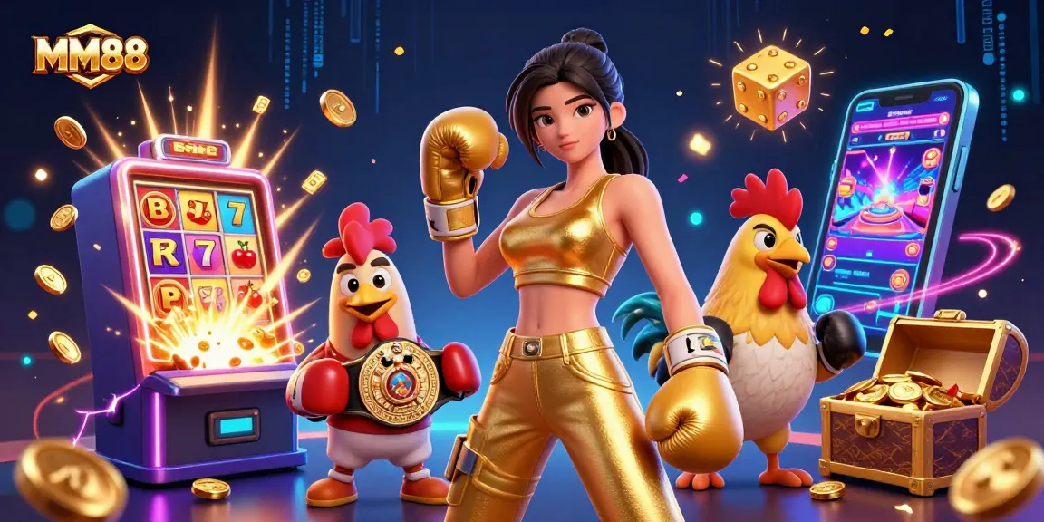 Experience the excitement of MM88 with a dynamic casino-themed illustration showcasing gambling elements.