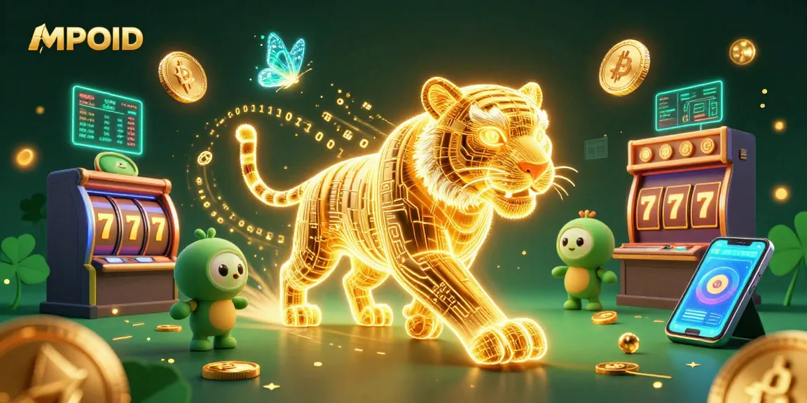 MPOID interactive casino illustration showing a glowing tiger with slot reels and crypto coins.