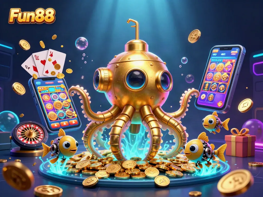 Experience Fun88’s vibrant casino adventure with a kraken submarine amidst golden coins and thrilling game elements.