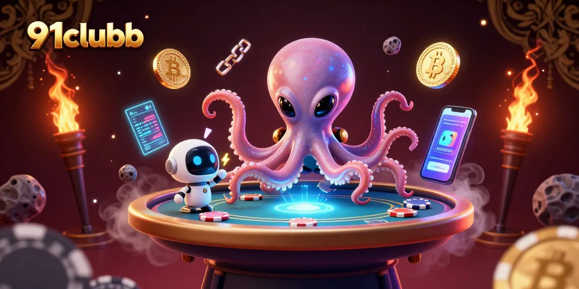 Play at 91clubb in an exciting gaming scene featuring a cartoon alien octopus and poker elements.