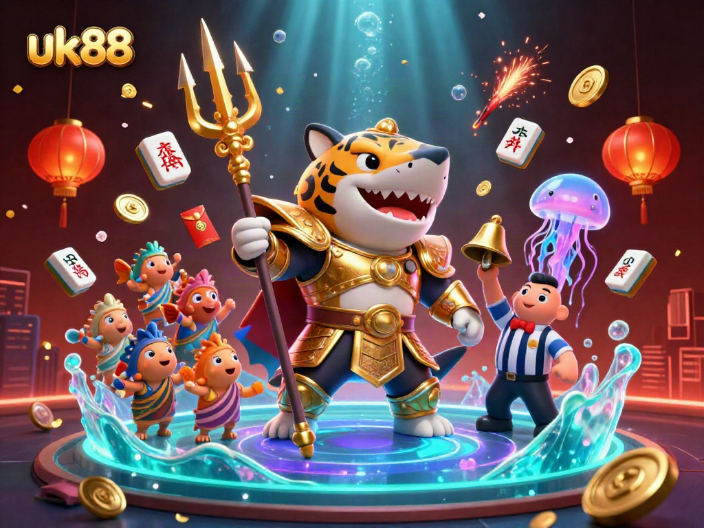 Experience thrilling action at uk88, featuring a fierce shark in gladiator armor amidst a vibrant underwater casino scene.