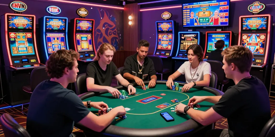 Dynamic gambling scene at non UK casinos not on Gamstop featuring diverse players, exciting games, and vibrant atmosphere.