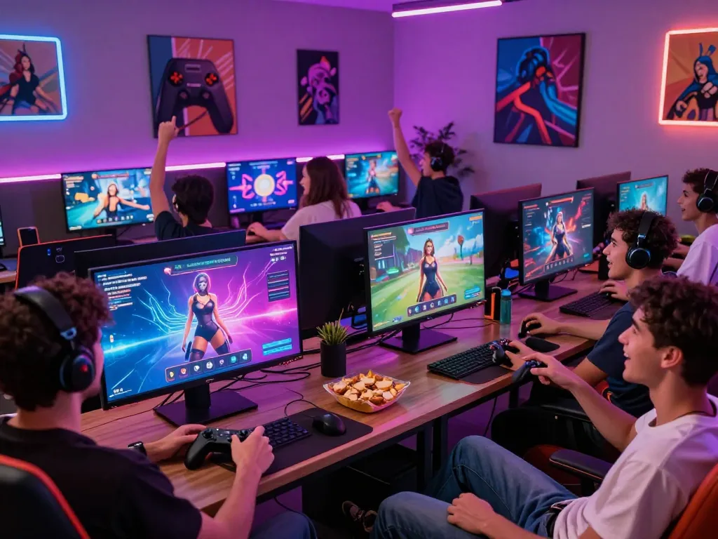 Group of friends playing online porn games in a vibrant gaming lounge atmosphere