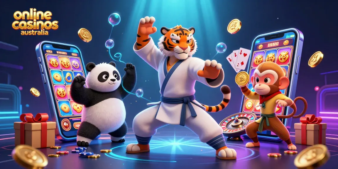 Experience the thrill of online casinos Australia through vibrant 3D illustration featuring a kung fu tiger.