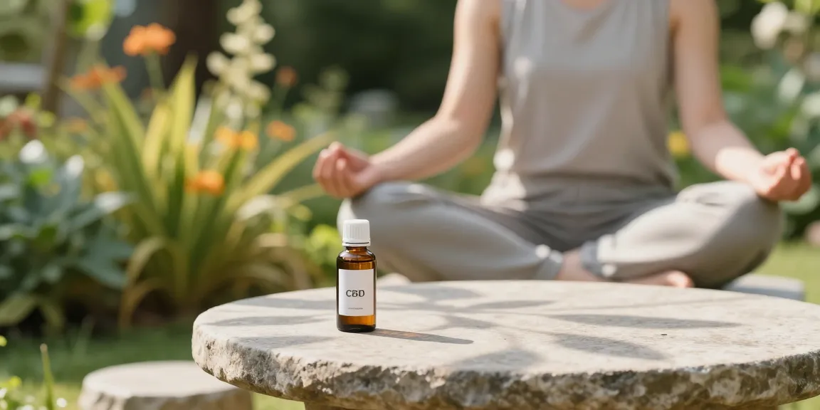 Ministry of Cannabis CBD oil in a serene garden during meditation, promoting natural wellness.